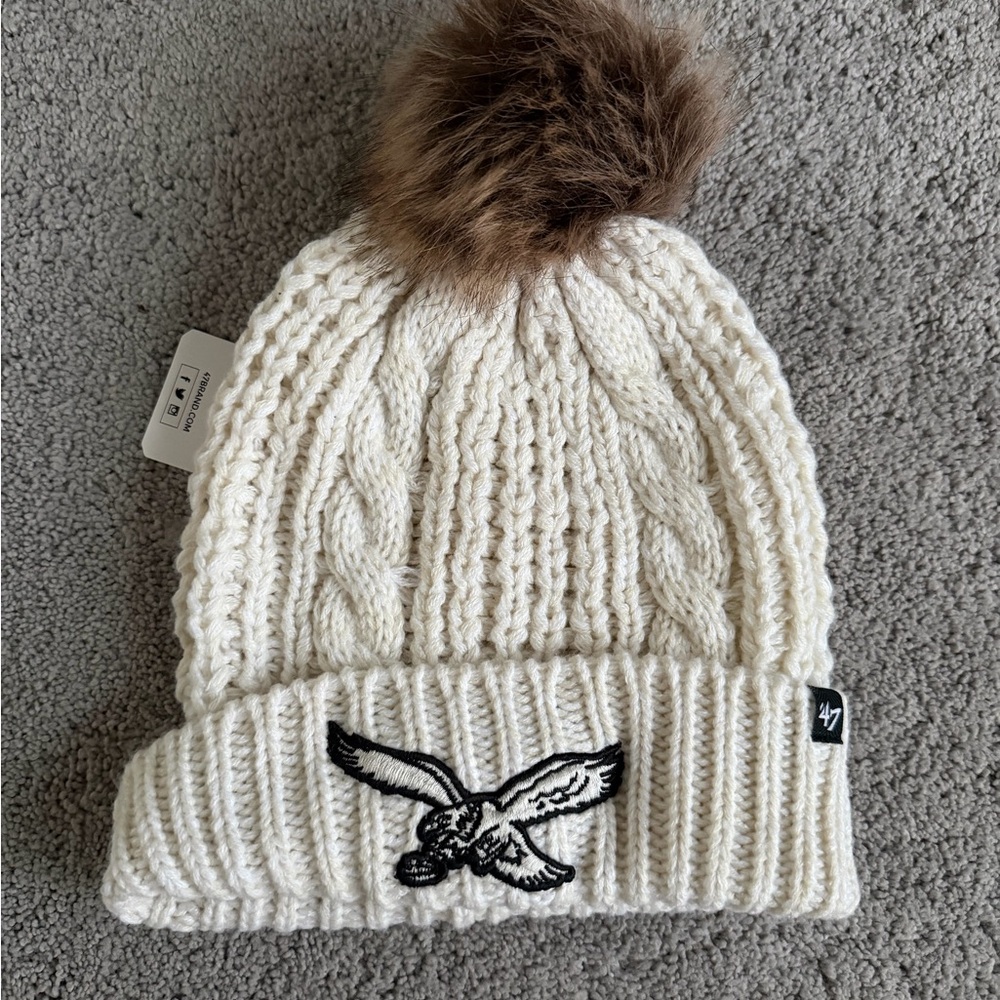 Cream Knit Beanie with Brown Pom